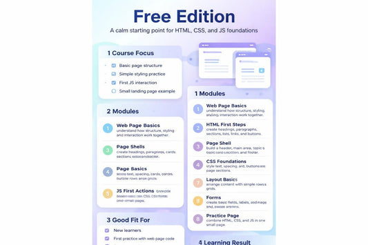 Free edition course overview for HTML, CSS, and JS foundations with modules and focus points.