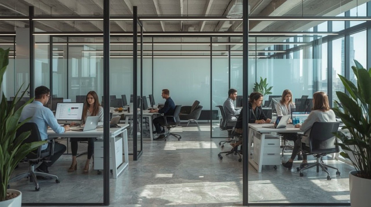 Modern office with employees working at their desks.