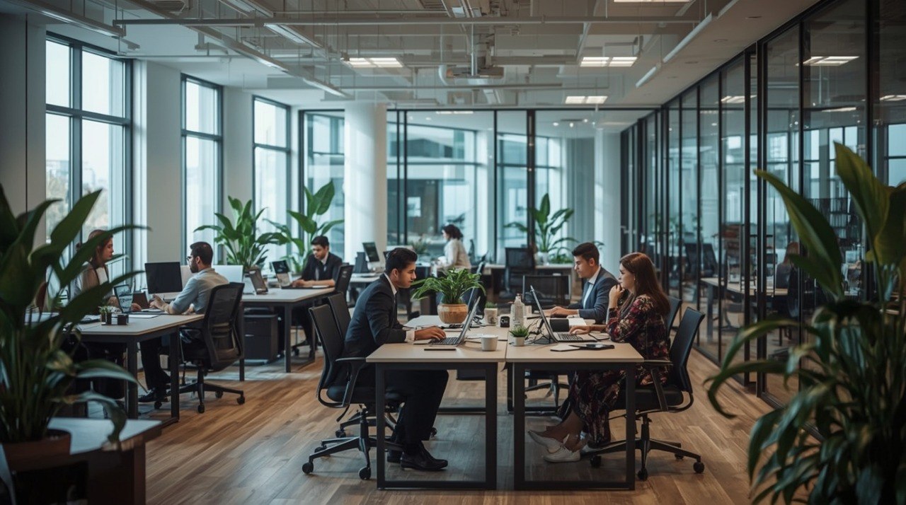 Modern office with employees working at desks, large windows, and plants.