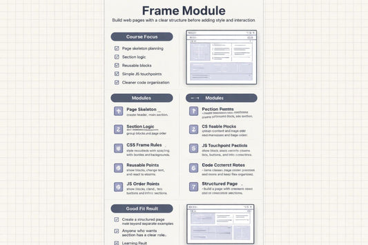 Web page design with frame module features and examples on a grid background