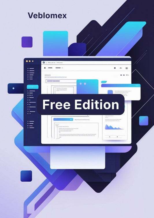 Promotional graphic for Veblomex Free Edition with a computer screen and geometric shapes on a blue background.