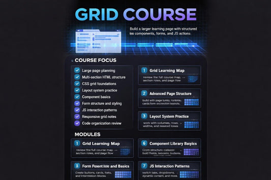 Grid course overview with focus on large page planning, multi-section HTML structure, and other modules.