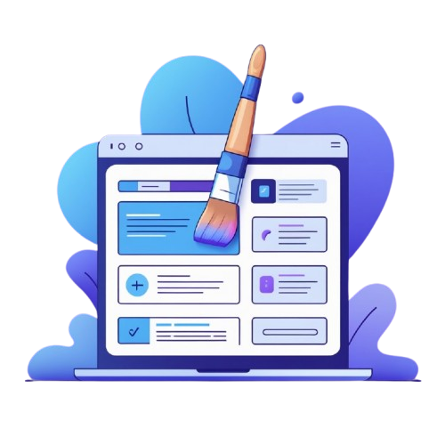 Illustration of a browser window with a design tool interface and a paintbrush on a white background