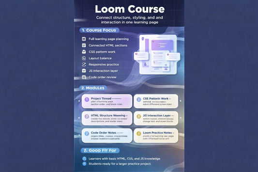 Loom Course promotional graphic with text and icons on a blue background