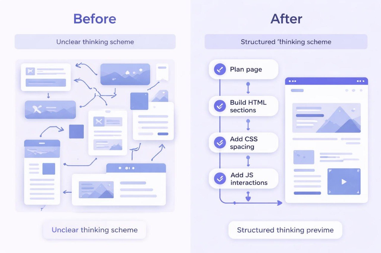 Comparison of an unclear thinking scheme to a structured one with checkmarks and text.