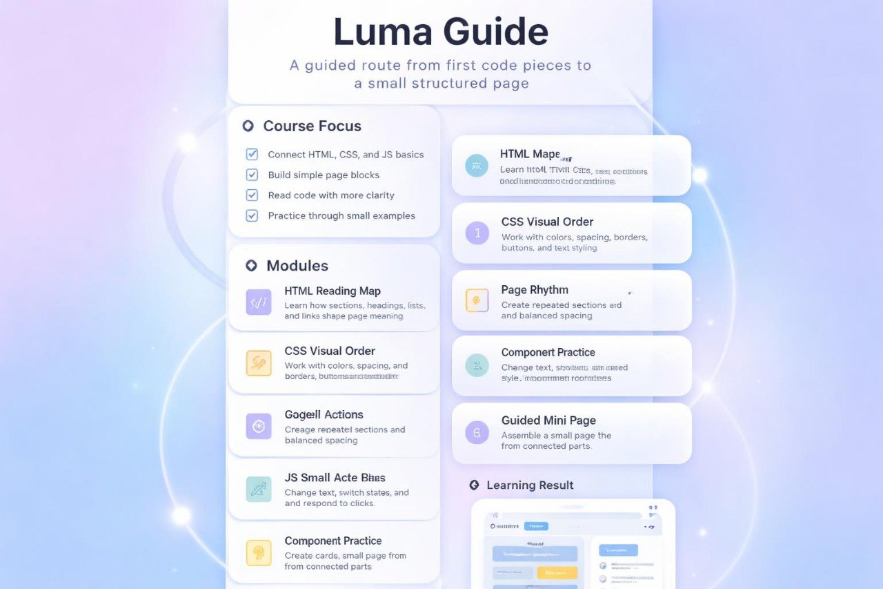 Luma Guide course outline with modules and topics on a gradient background