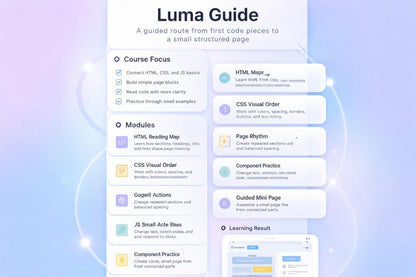 Luma Guide course outline with modules and topics on a gradient background