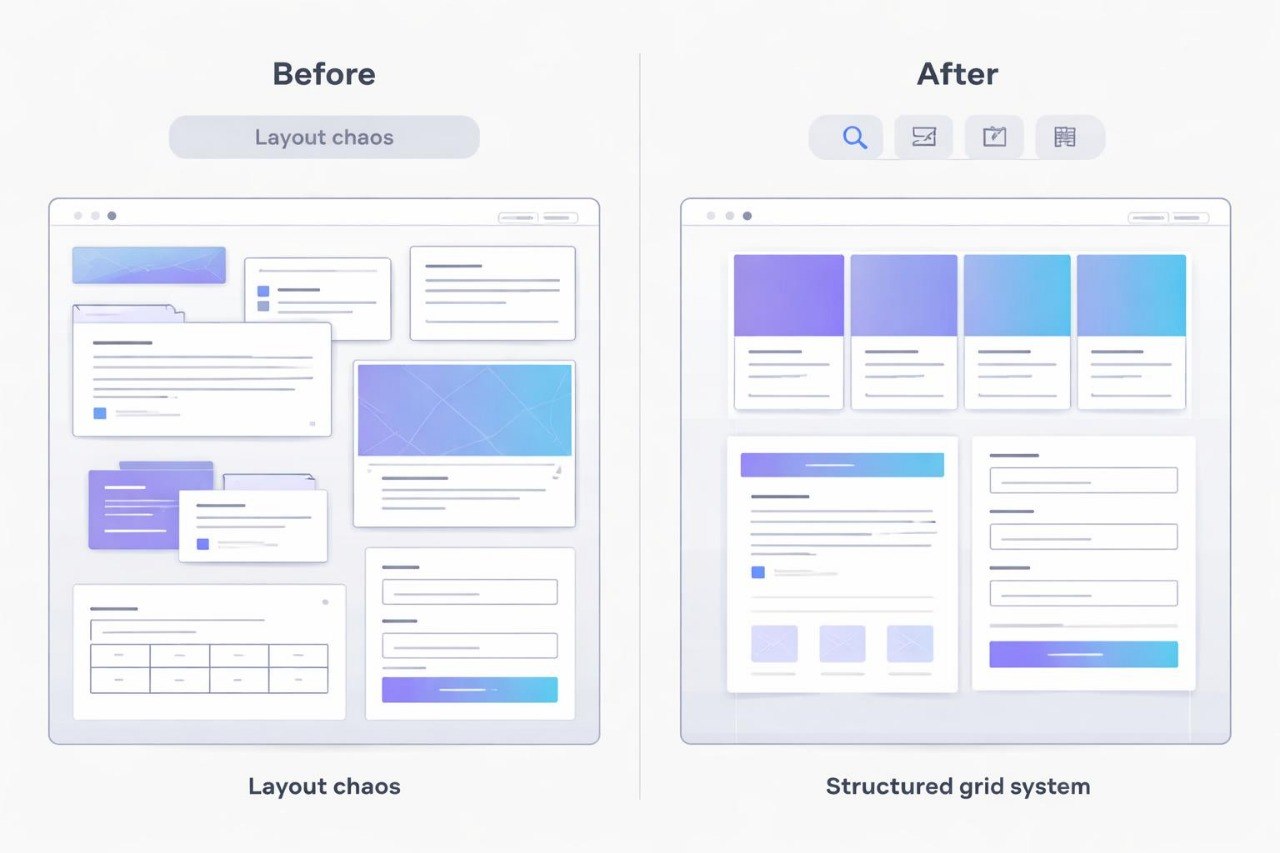 Comparison of layout chaos to a structured grid system on a white background
