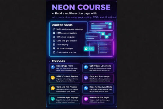 Neon course outline with modules and focus on a dark background