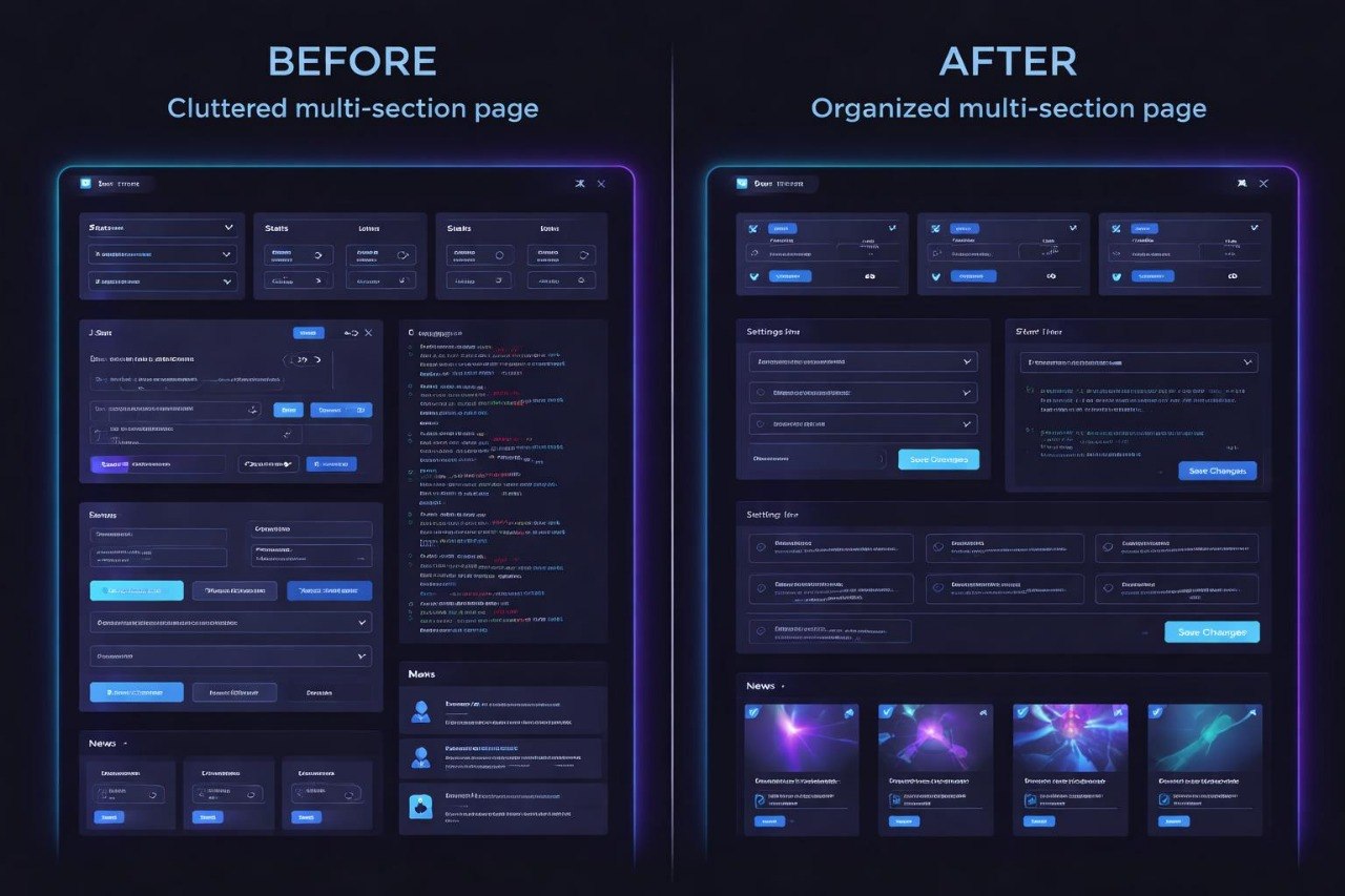 Comparison of a cluttered multi-section page before and an organized version after.