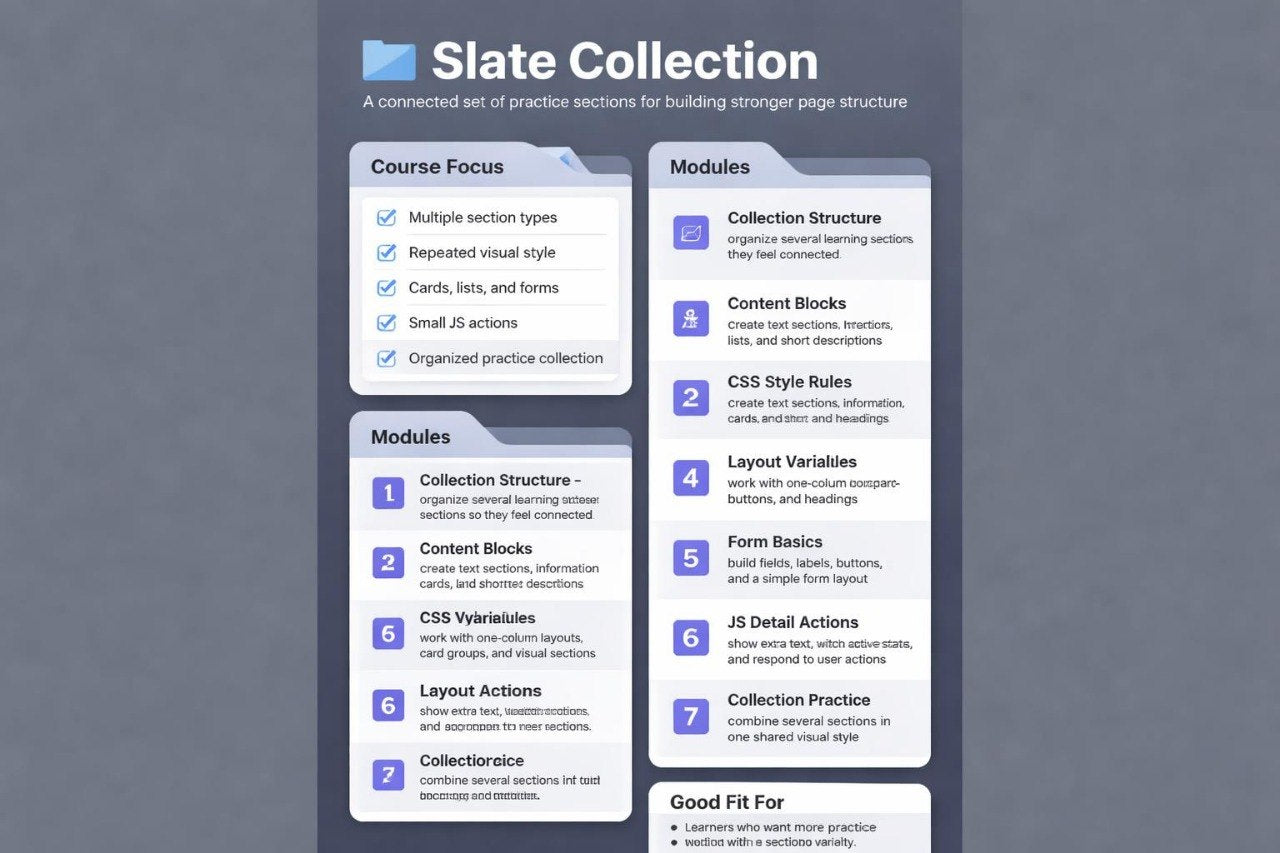 Slate Collection course focus and modules on a dark gray background