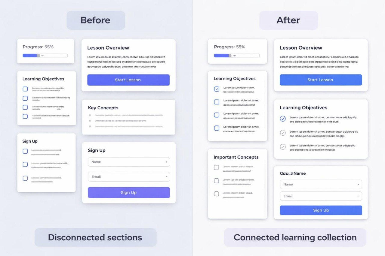 Before and after comparison of a user interface design with improved connectivity.