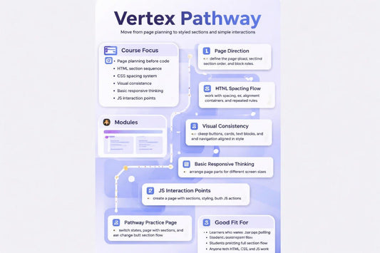 Vertex Pathway diagram with course focus, modules, and practice page details on a light purple background.