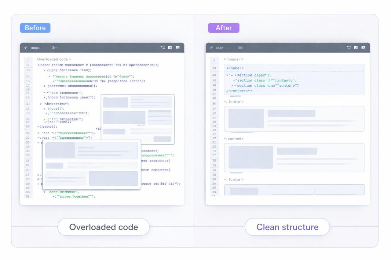 Comparison of overloaded code on the left and clean structure on the right in a software development context.